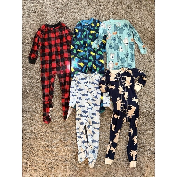Boy Toddler Footed Pajamas Lot Size 3T Zip Up Fleece Cotton Pjs - Picture 1 of 6